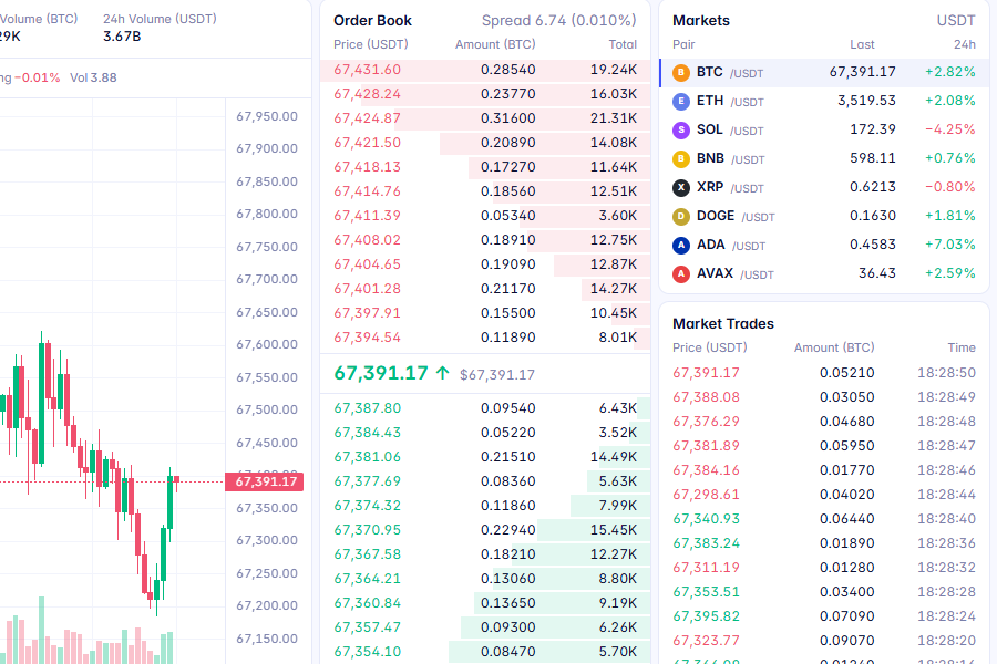 Order book and market list inside the TradePulse terminal